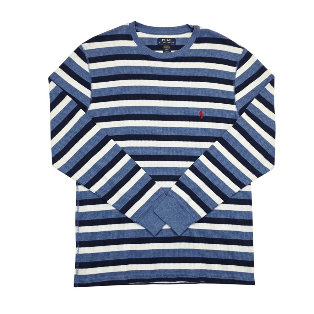 Polo Ralph Lauren Mens Blue Striped Waffle Knit Thermal Long Sleeve Shirt L